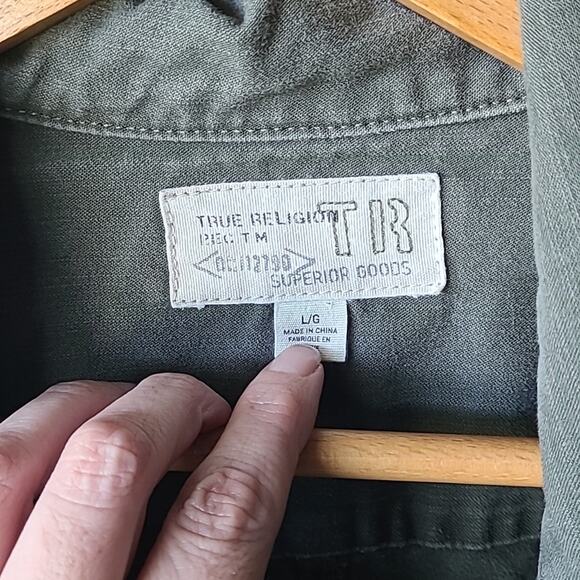 Women's True Religion Army Green Cargo Light Denim Military style Jacket Y2K - Picture 3 of 11